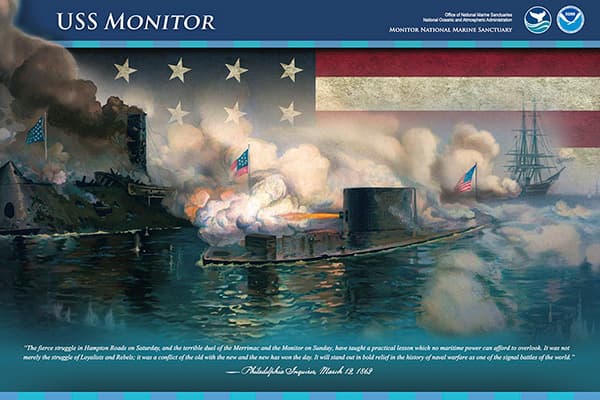 poster front: drawing of the battle of the uss monitor and merrimca