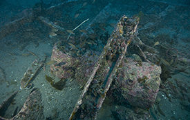 Remains of unexploded depth charges near the stern of HMT Bedfordshire. Photo: NOAA