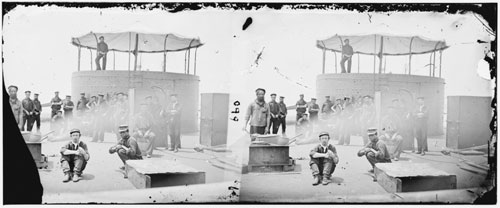 One of eight known stereoscopic images taken of the USS Monitor by Gibson. The glass plate is missing a portion of the lower left corner. Courtesy of Library of Congress