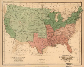 General map of the United States showing the area and extent of free and slave holding states and the Territories of the Union. Courtesy Library of Congress