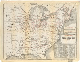 “Tunis’ New Colored Rail Road Map” ca. 1858 showing the railroad lines in the U.S. and Canada. 