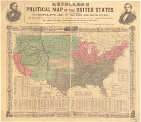 This 1856 map shows slaves states (gray), free states (pink), U.S. Territories (green), and Kansas in center (white).