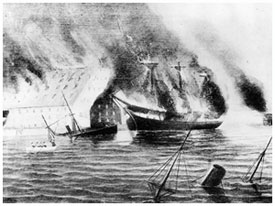 The USS Merrimack aflame during the burning of the Norfolk Navy Yard on April 19, 1861.