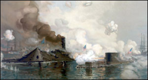 Painting of the USS Monitor and the CSS Virginia battle in Hampton Roads March 9, 1862.