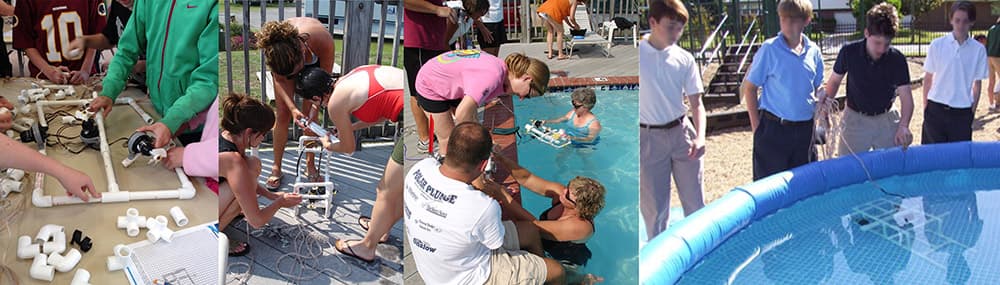 Left: kids building an rov, left-center: kids working on an rov, right-center: people in a pool with working on an rov, right: kids testing an rov in a pool