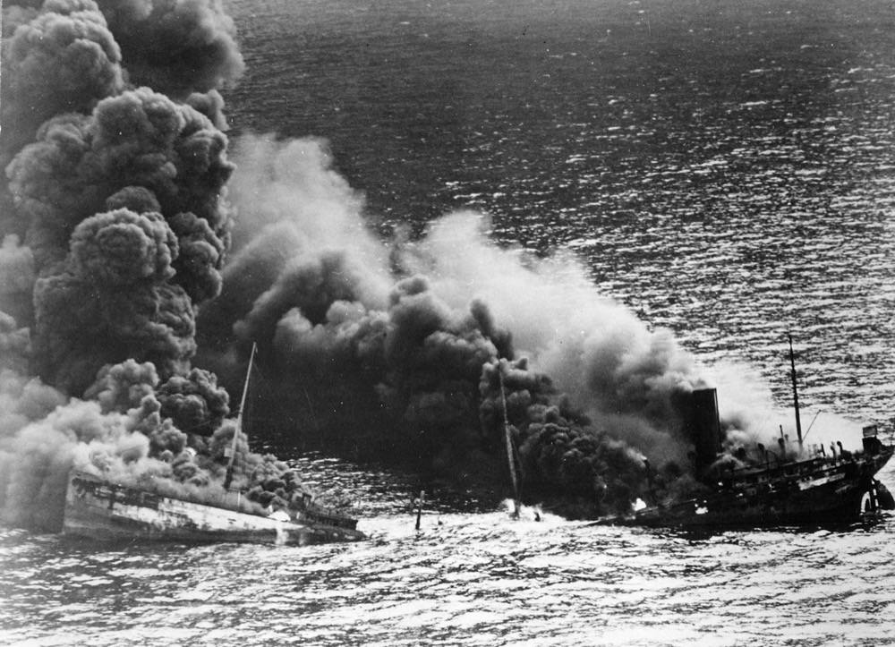 Dixie Arrow burning after being torpedoed by U-71