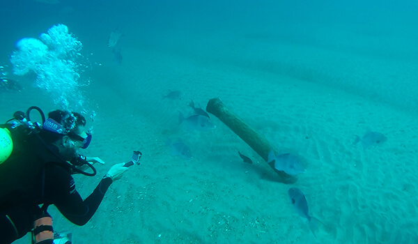 A diver inspects a pipe partially burried in the sand