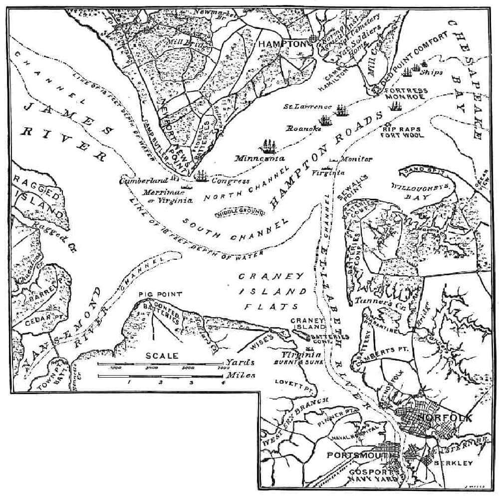 a map of ship movements in the battle of hampton roads