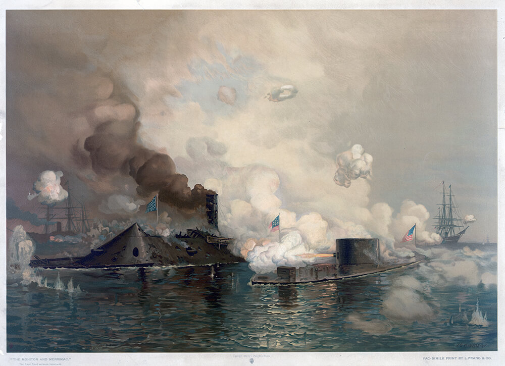 the damaged but fully functional ships monitor and merrimac continue to battle