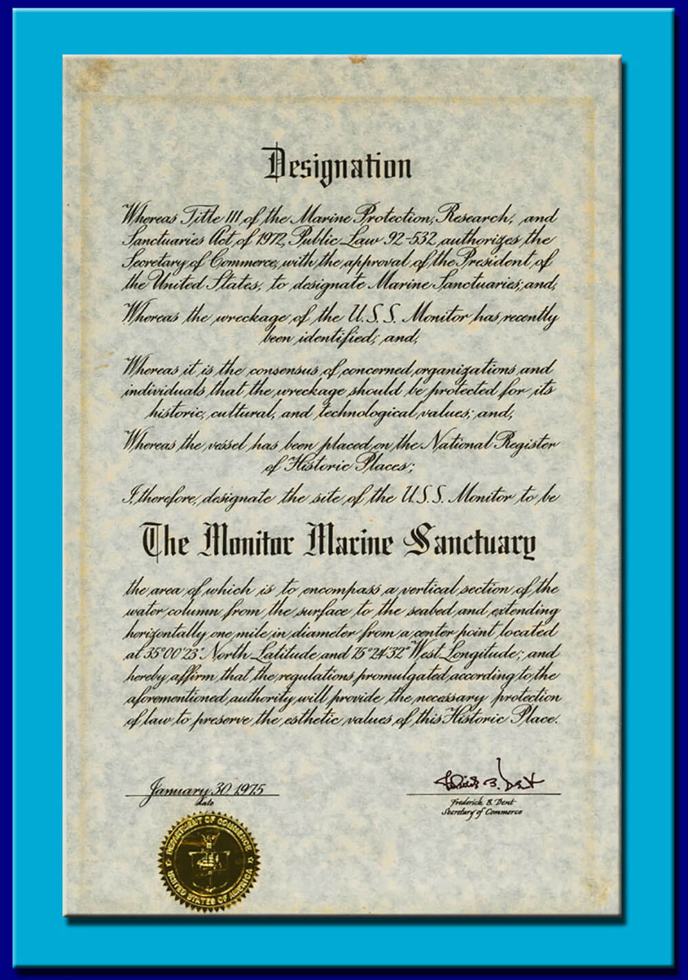 the document designating the monitor as a national marine sanctuary
