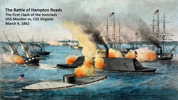 A paintin of the clash of the uss monitor and css virginia