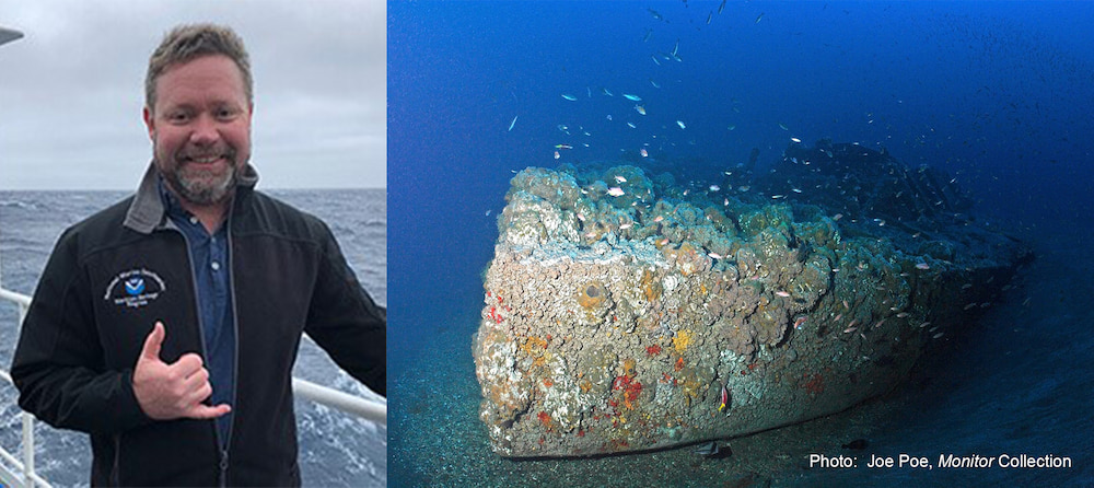 Two images of a man on the left and a shipwreck on the right side
