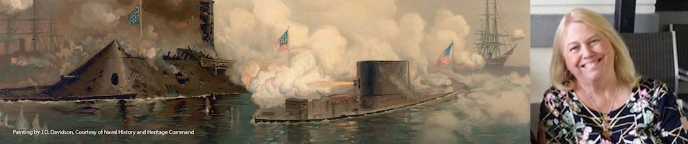woman on the right with the uss monitor ship firing on the left