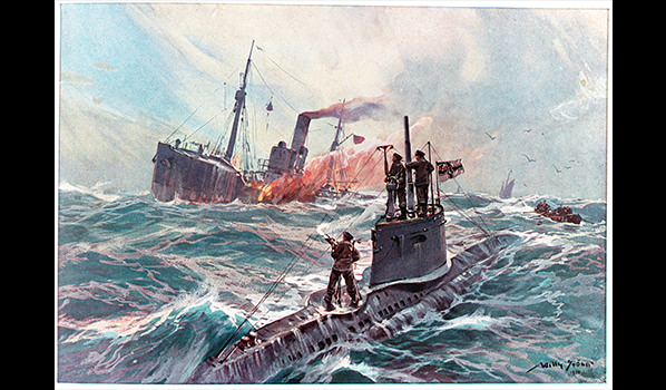 A reproduction of WWI painting shows a German submarine attacking an American merchant ship