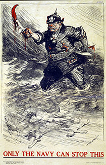 WWI U.S. Navy recruiting poster depicts a German soldier brandishing a bloody sword as he wades in a tide of women's and children's bodies