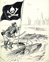 A WWI enlistment poster depicts a German military officer standing on a submarine in New York Harbor