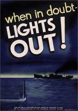 A WWII poster requesting lights out after dark.  Lights along the coast meant that ships were silhouetted and became easy targets for u-boats.